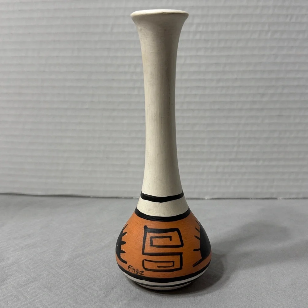 Native American Pottery Hand Painted Bud Vase Sun Motif Geometric Pattern 6”